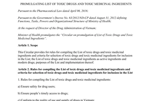 Circular 06/2017/TT-BYT promulgating List of Toxic Drugs and Toxic Medicinal Ingredients