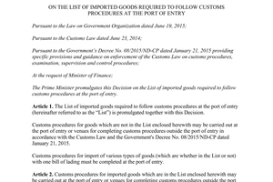 Decision 15/2017/ND-CP 2017 List imported goods required follow customs procedures port of entry