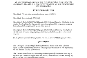 Quyết định 1174/QĐ-UBND 2017 thủ tục hành chính tiếp nhận hồ sơ trả kết quả bưu điện Hà Tĩnh