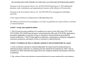 Circular 09/2017/TT-BXD export of lime or calcined or sintered dolomite