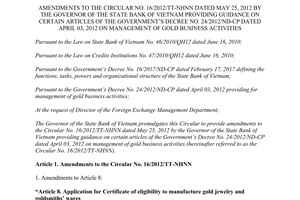 Circular 03/2017/TT-NHNN amendments 16/2012/TT-NHNN guidance 24/2012/ND-CP gold business