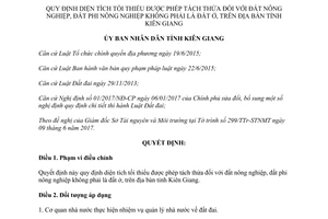 Quyết định 19/2017/QĐ-UBND quy định diện tích tối thiểu tách thửa đất nông nghiệp Kiên Giang