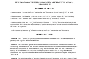 Decision 2429/QD-BYT prmulgation of criteria for quality assessment of medical laboratories