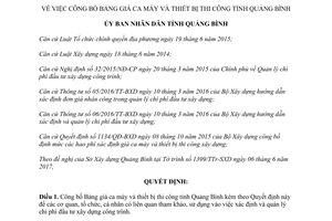 Quyết định 2112/QĐ-UBND 2017 công bố Bảng giá ca máy và thiết bị thi công Quảng Bình