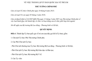 Quyết định 856/QĐ-TTg 2017 thành lập Ủy ban quốc gia về trẻ em