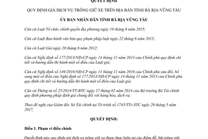Quyết định 14/2017/QĐ-UBND giá dịch vụ trông giữ xe Bà Rịa Vũng Tàu
