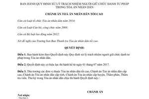 Quyết định 120/QĐ-TANDTC 2017 xử lý trách nhiệm người giữ chức danh tư pháp Tòa án nhân dân