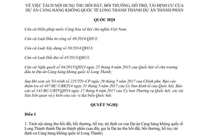 Nghị quyết 38/2017/QH14 tách Dự án Cảng hàng không Long Thành thành Dự án thành phần