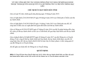 Quyết định 1061/QĐ-UBND 2017 thủ tục hành chính lĩnh vực Báo chí Sở Thông tin Bạc Liêu