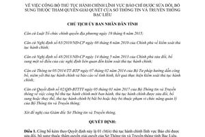 Quyết định 1062/QĐ-UBND 2017 công bố thủ tục hành chính báo chí Sở Thông tin Bạc Liêu
