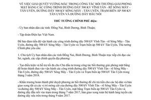 Công điện 905/CĐ-TTg 2017 bồi thường mặt bằng đường dây 500 kV Vĩnh Tân Sông Mây Tân Uyên