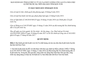 Quyết định 32/2017/QĐ-UBND giá tính lệ phí tỷ lệ chất lượng nhà chịu lệ phí trước bạ Kon Tum