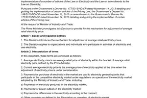 Decision 24/2017/QD-TTg mechanism for adjustment of average retail electricity price