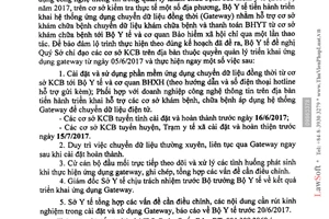 Công văn 2987/BYT-BH 2017 triển khai ứng dụng Gateway tại các cơ sở khám chữa bệnh