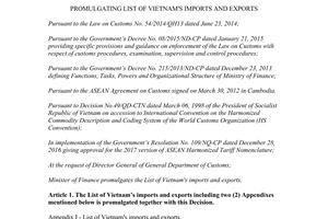 Circular 65/2017/TT-BTC promulgating List of Vietnam's imports and exports