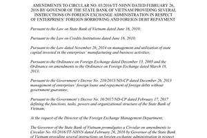 Circular 05/2017/TT-NHNN amendments 03/2016/TT-NHNN foreign exchange administration