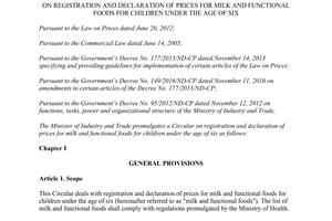 Circular 08/2017/TT-BCT declaration prices milk functional foods children under age six