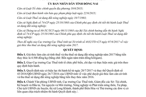 Quyết định 23/2017/QĐ-UBND giá thóc căn cứ tính thuế thu thuế sử dụng đất nông nghiệp Đồng Nai