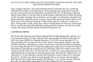 Thông báo 288/TB-VPCP 2017 kết luận của Thủ tướng làm việc với lãnh đạo Hồ Chí Minh