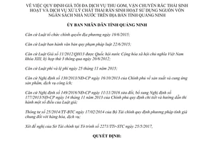 Quyết định 2625/2017/QĐ-UBND giá dịch vụ thu vận chuyển rác thải chất thải rắn sinh hoạt Quảng Ninh