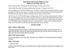 Nghị quyết 16/2017/NQ-HĐND trích khoản thu hồi thanh tra đã thực nộp vào ngân sách Cà Mau