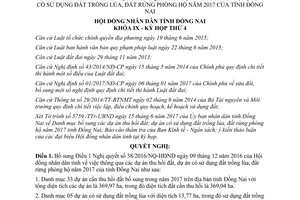 Nghị quyết 57/2017/NQ-HĐND bổ sung 38/2016/NQ-HĐND thu hồi đất trồng lúa rừng Đồng Nai