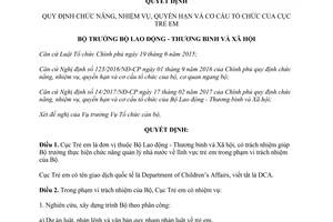 Quyết định 1126/QĐ-LĐTBXH 2017 chức năng nhiệm vụ quyền hạn cơ cấu tổ chức Cục Trẻ em