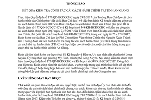Thông báo 523/ĐKTr 2017 kết quả kiểm tra công tác cải cách hành chính tại tỉnh An Giang