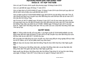 Nghị quyết 117/2017/NQ-HĐND sửa đổi 72/2016/NQ-HĐND chuyển mục đích đất trồng lúa Đồng Tháp