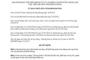 Quyết định 15/2017/QĐ-UBND phối hợp quản lý lao động nước ngoài làm việc Bình Dương