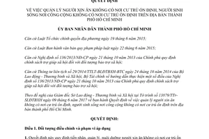 Quyết định 29/2017/QĐ-UBND quản lý người xin ăn không có nơi cư trú ổn định Hồ Chí Minh