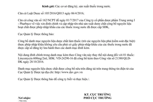 Công văn 9357/QLD-ĐK 2017 danh mục nguyên liệu dược chất làm thuốc được phép nhập khẩu