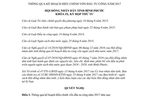 Nghị quyết 33/2017/NQ-HĐND thông qua kế hoạch điều chỉnh vốn đầu tư công Bình Phước