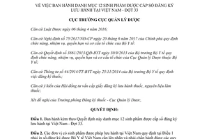 Quyết định 286/QĐ-QLD 2017 danh mục 12 sinh phẩm được cấp số đăng ký lưu hành Việt Nam Đợt 33