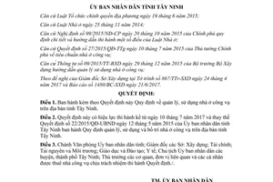 Quyết định 20/2017/QĐ-UBND quy định về quản lý sử dụng nhà ở công vụ trên Tây Ninh