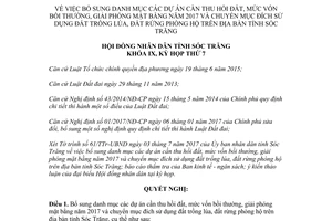 Nghị quyết 09/2017/NQ-HĐND danh mục dự án thu hồi đất bồi thường giải phóng mặt bằng Sóc Trăng