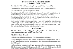 Nghị quyết 64/2017/NQ-HĐND quy định thí điểm chính sách khuyến khích và hỗ trợ đầu tư Vĩnh Long