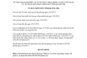 Quyết định 1871/QĐ-UBND 2017 Điều lệ tổ chức hoạt động Quy chế Quỹ phát triển đất Quảng Trị