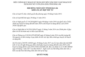 Nghị quyết 25/2017/NQ-HĐND điều chỉnh Quy hoạch sử dụng đất Kế hoạch kỳ cuối Đắk Lắk 2020