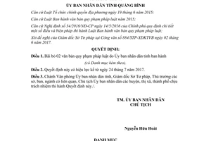 Quyết định 24/2017/QĐ-UBND bãi bỏ văn bản quy phạm pháp luật Ủy ban nhân dân Quảng Bình