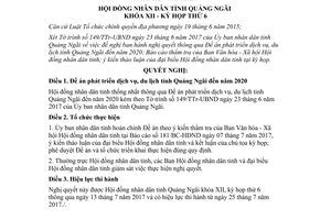 Nghị quyết 38/2017/NQ-HĐND thông qua Đề án phát triển dịch vụ du lịch Quảng Ngãi 2020