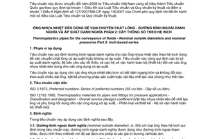 Tiêu chuẩn quốc gia TCVN 6150-2:2003 (ISO 161 -2 : 1996) về Ống nhựa nhiệt dẻo dùng để vận chuyển chất lỏng - Đường kính ngoài danh nghĩa và áp suất danh nghĩa - Phần 2: Dãy thông số theo hệ inch