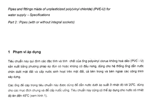 Tiêu chuẩn Việt Nam TCVN 6151-2:2002 (ISO 4422-2:1996) về Ống và phụ tùng nối bằng polyvinyl clorua không hoá dẻo (PVC-U) dùng để cấp nước - Yêu cầu kỹ thuật - Phần 2: Ống (có hoặc không có đầu nong) do Bộ Khoa học Công nghệ và Môi trường ban hành