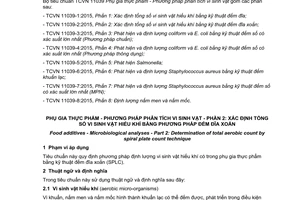 Tiêu chuẩn quốc gia TCVN 11039-2:2015 về Phụ gia thực phẩm - Phương pháp phân tích vi sinh vật - Phần 2: Xác định tổng số vi sinh vật hiếu khí bằng kỹ thuật đếm đĩa xoắn