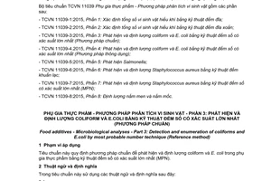Tiêu chuẩn quốc gia TCVN 11039-3:2015 về Phụ gia thực phẩm - Phương pháp phân tích vi sinh vật - Phần 3: Phát hiện và định lượng coliform và E.coli bằng kỹ thuật đếm số có xác suất lớn nhất (Phương pháp chuẩn)