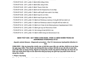 Tiêu chuẩn quốc gia TCVN 8710-15:2015 về Bệnh thủy sản - Quy trình chẩn đoán - Phần 15: Bệnh nhiễm trùng do Aeromonas Hydrophila ở cá