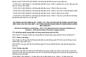 Tiêu chuẩn quốc gia TCVN 7447-7-712:2015 (IEC 60364-7-712:2002) về Hệ thống lắp đặt điện hạ áp - Phần 7-712: Yêu cầu đối với hệ thống lắp đặt đặc biệt hoặc khu vực đặc biệt - Hệ thống nguồn quang điện sử dụng năng lượng mặt trời (PV)