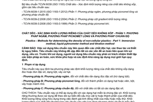 Tiêu chuẩn quốc gia TCVN 6039-1:2015 (ISO 1183-1:2012) về Chất dẻo - Xác định khối lượng riêng của chất dẻo không xốp - Phần 1: Phương pháp ngâm, phương pháp picnomet lỏng và phương pháp chuẩn độ