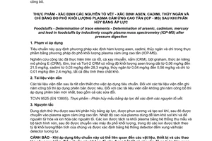 Tiêu chuẩn quốc gia TCVN 10912:2015 (EN 15763:2009) về Thực phẩm - Xác định các nguyên tố vết - Xác định asen, cadimi, thủy ngân và chì bằng đo phổ khối lượng plasma cảm ứng cao tần (ICP-MS) sau khi phân hủy bằng áp lực