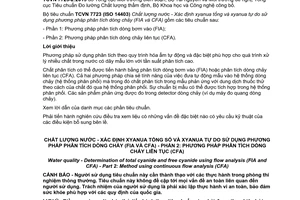 Tiêu chuẩn quốc gia TCVN 7723-2:2015 (ISO 14403-2:2012) về Chất lượng nước - Xác định xyanua tổng số và xyanua tự do sử dụng phương pháp phân tích dòng chảy (FIA và CFA) - Phần 2: Phương pháp phân tích dòng chảy liên tục (CFA)